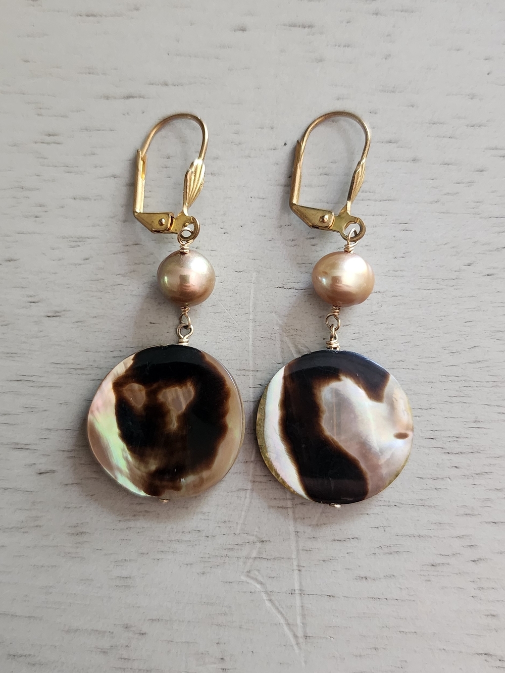 Gold-Tone Drop Earrings with Peach Pearl and Brown Mother-of-Pearl Discs